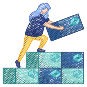 Illustration of a person creating steps upward with CBA boxes.