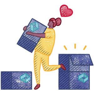 Illustration of person in love with CBA boxes.